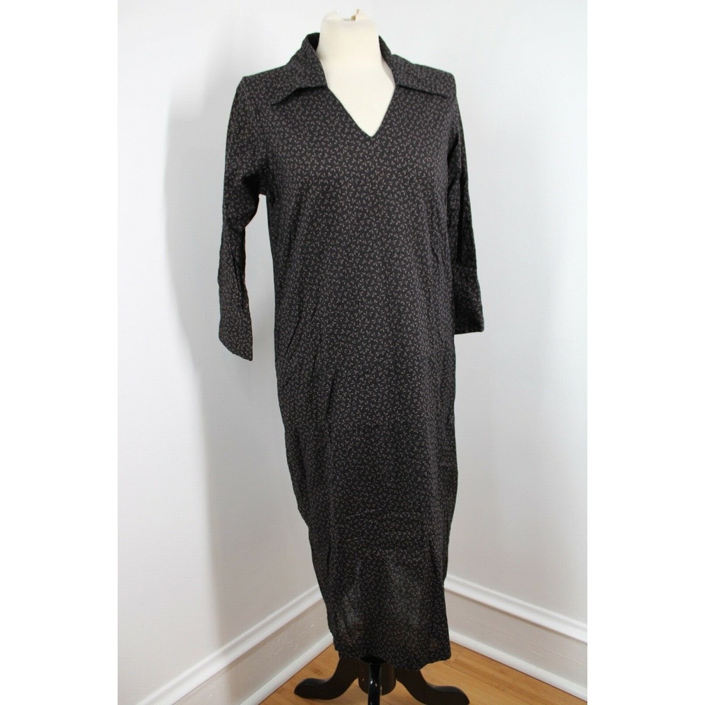 Meg Cohen Design S Cotton Leaf Print Collared Midi Shirt Dress